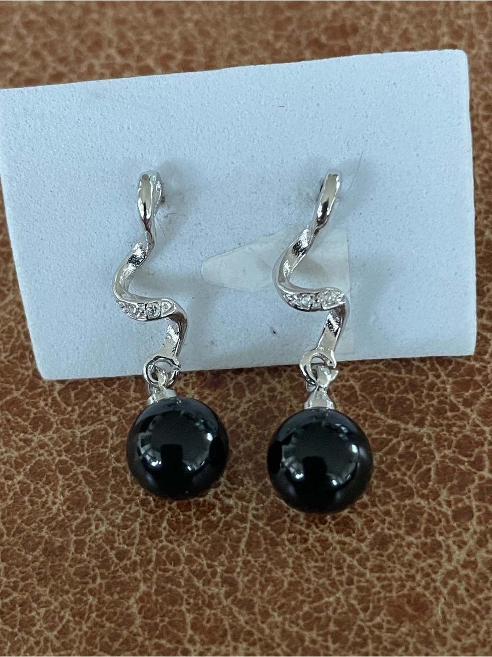 Sterling Silver 925 Rhinestone Twist Drop Earrings with Black Onyx Drop